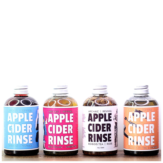 Archaic Revival Hair Rinse bottles with labels.