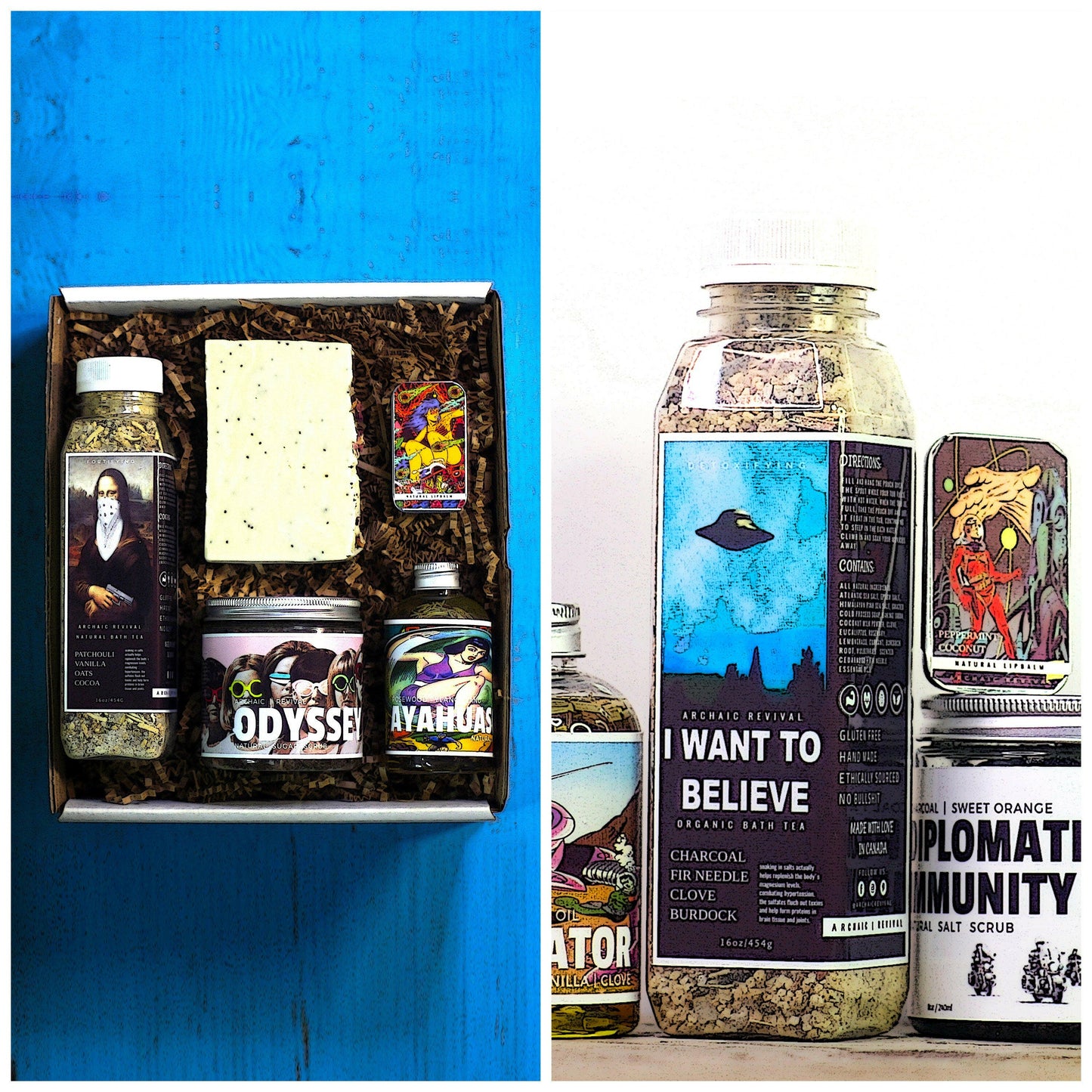A Collage Photo for both Men's and Woman's Bath Gift Sets by Archaic Revival