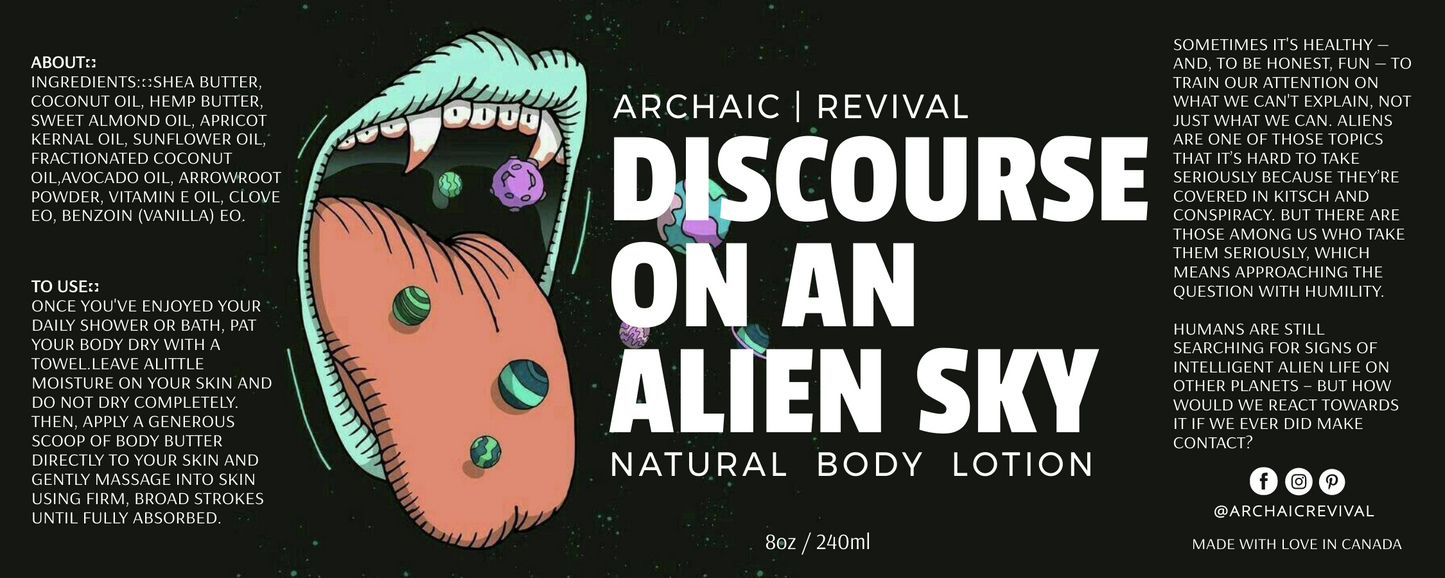 A full length label for Archaic Revivals Alien Sky Body Lotion.