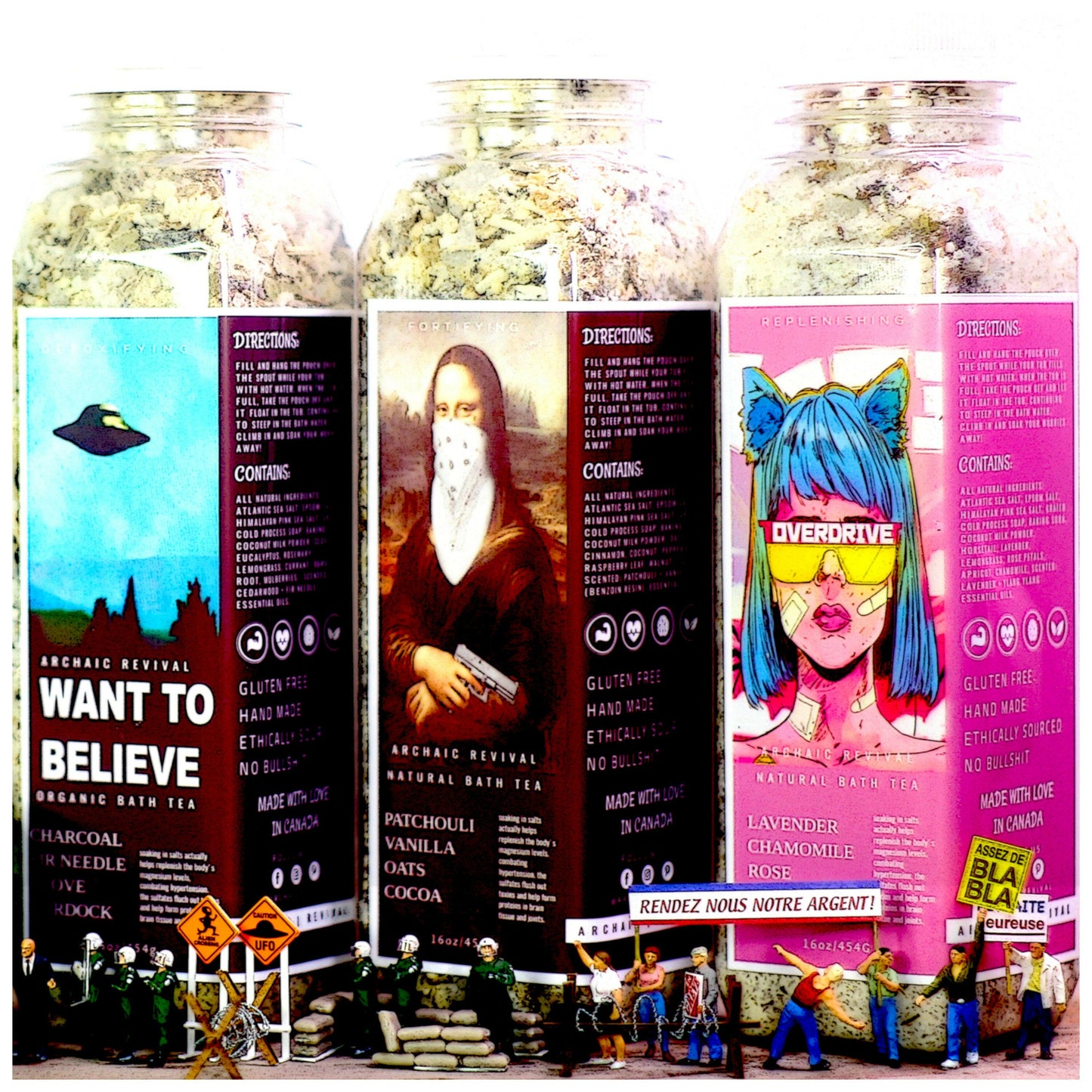Shot of 3 different Bath Soaks with Diorama by Archaic Revival.