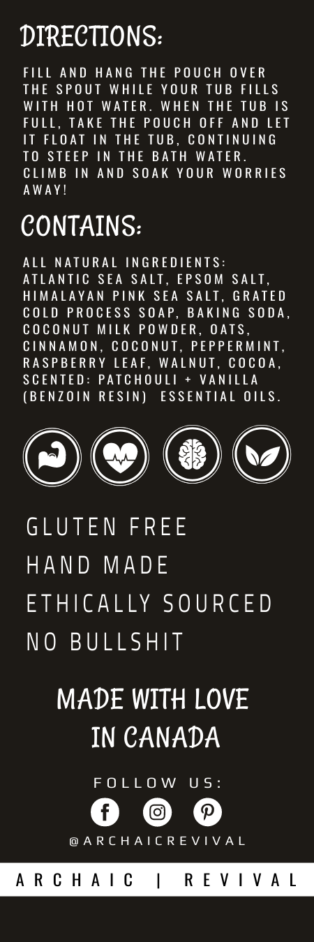 Full length label for Archaic Revivals Patchouli scented Bath Soak.
