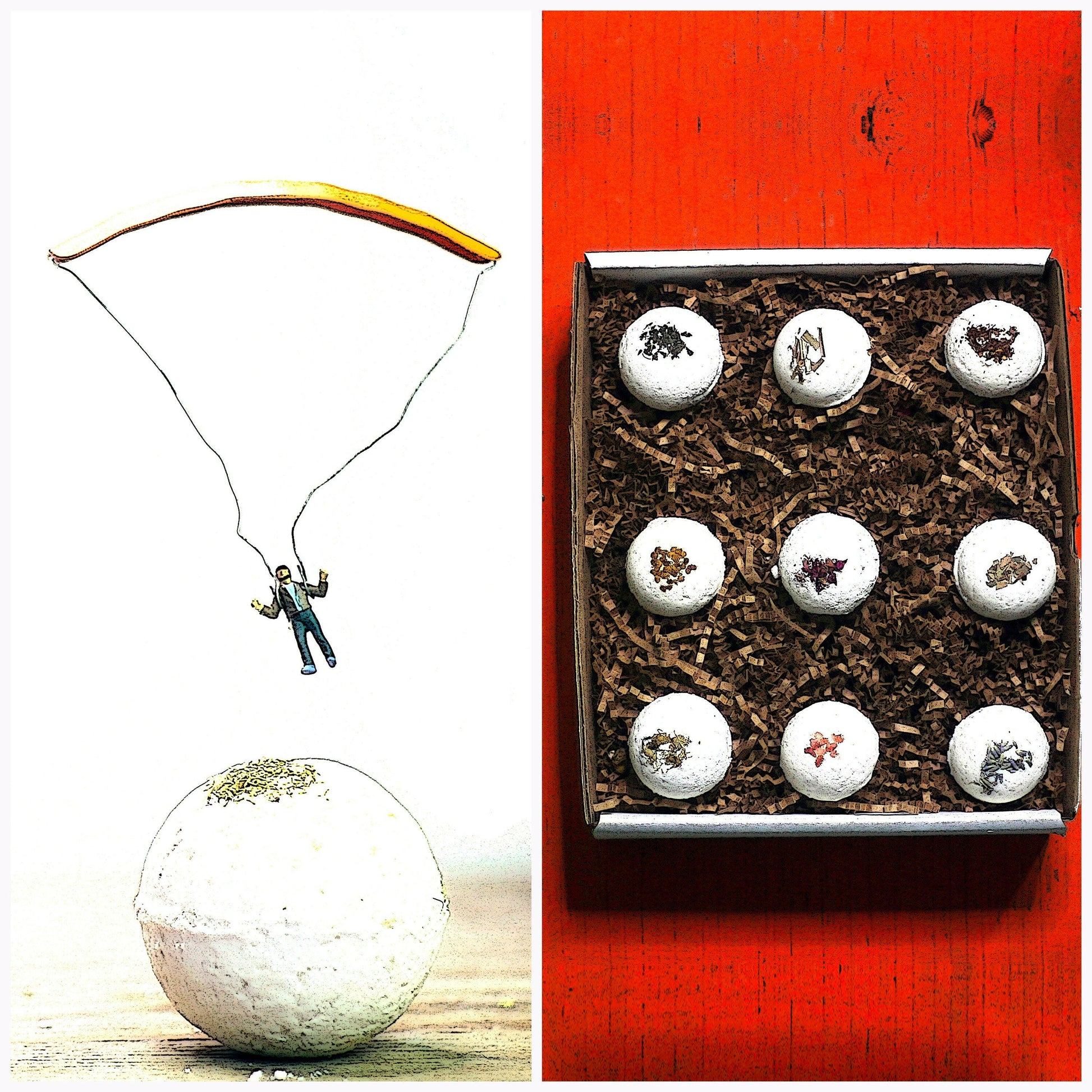 A collage for Archaic Revivals Luxury Bath Bomb set. 