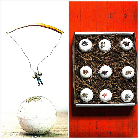 A collage for Archaic Revivals Luxury Bath Bomb set. 