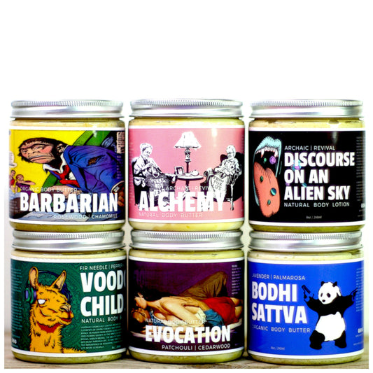 Archaic Revivals complete lineup of Organic Body Butters and Shave Creams. 