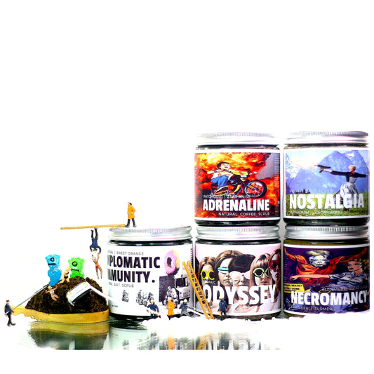 Wide shot of 5 Face and Body Scrubs with a Ho Scale miniature scene by Archaic Revival.