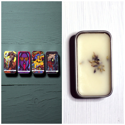 Overheads of Solid Lip Chap packaging and ingredients by Archaic Revival. 