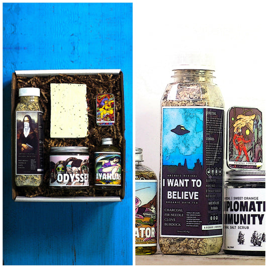 A Collage Photo for both Men's and Woman's Bath Gift Sets by Archaic Revival