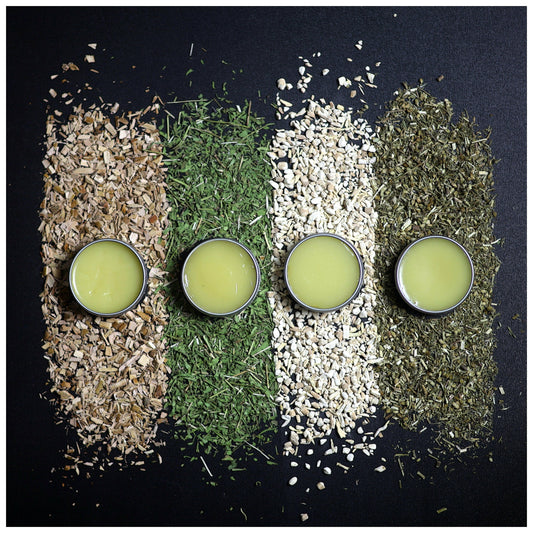 Overhead shot of Archaic Revivals Salve Set with ingredients. 