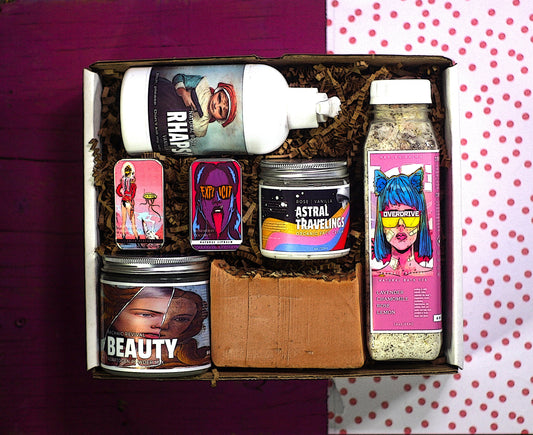Archaic Revivals Skincare Gift Set for Women on Pink background. 