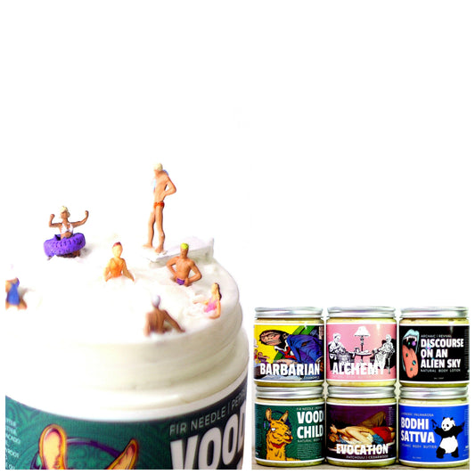 A collage of 6 Body Butters by Archaic Revival with Diorama.
