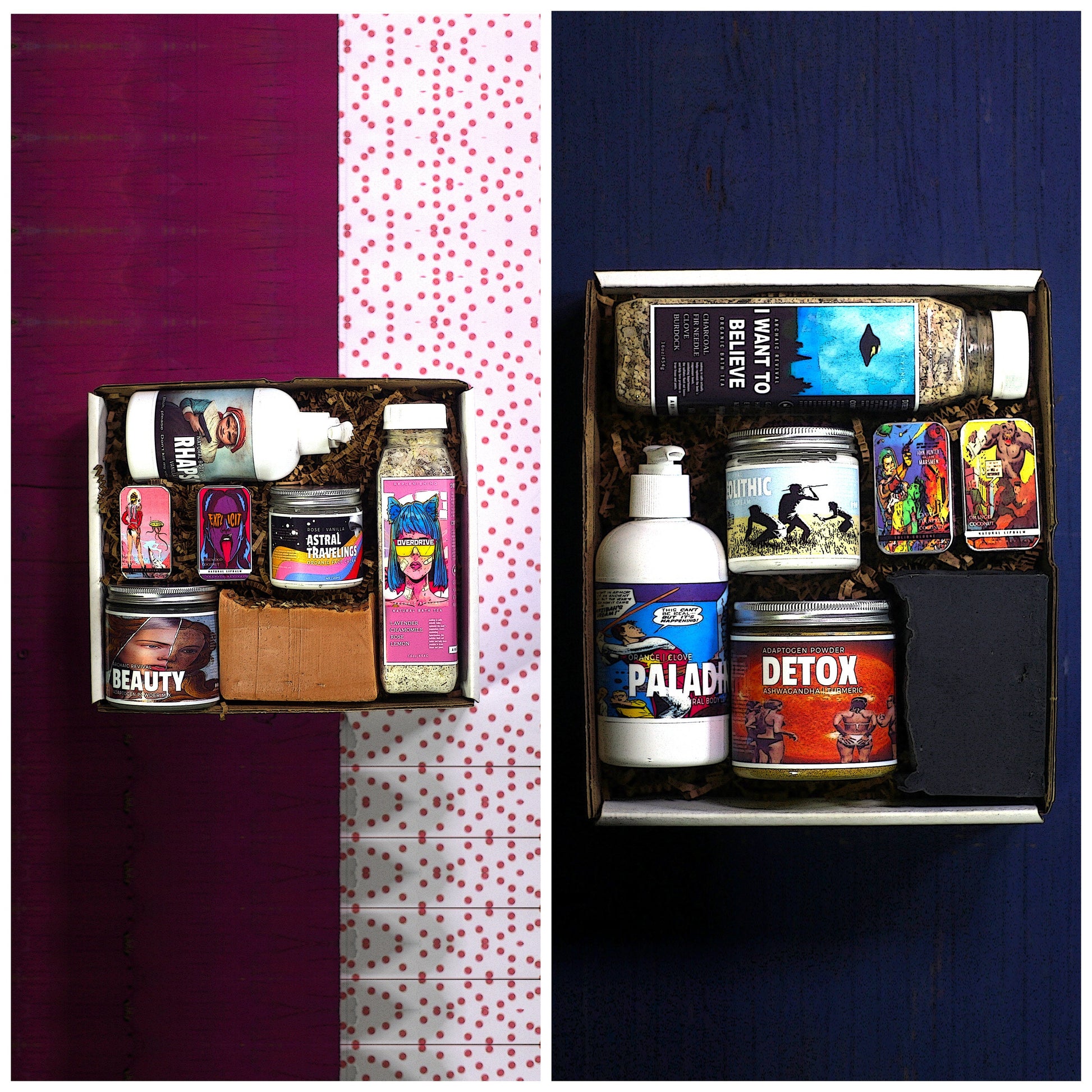 Overhead of Mens and Womans Skincare Gift Sets side by side - Archaic Revival