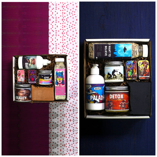 Overhead of Mens and Womans Skincare Gift Sets side by side - Archaic Revival