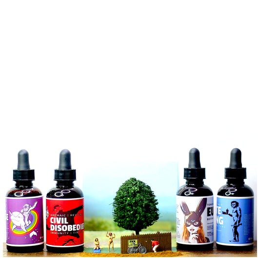 Archaic Revival - A Wide Shot of 4 Tinctures and a HO Scale scene.
